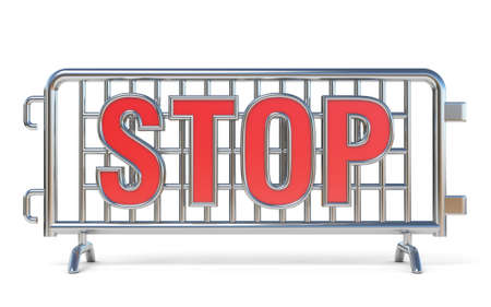 Steel barricades STOP sign 3D render illustration isolated on white backgroundの写真素材