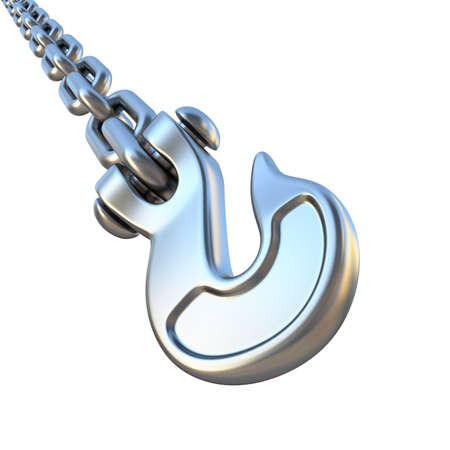 Silver hook and chain diagonal 3D render illustration isolated on white backgroundの写真素材