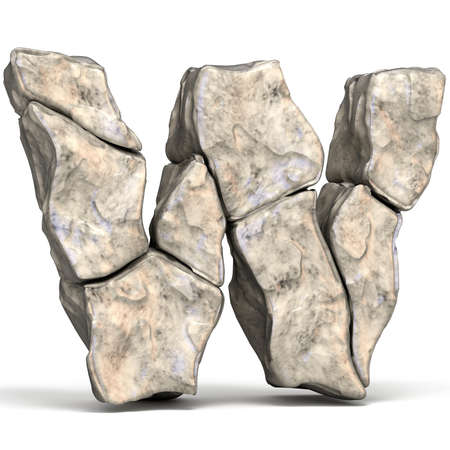 Stone font letter W 3D render illustration isolated on white backgroundの写真素材