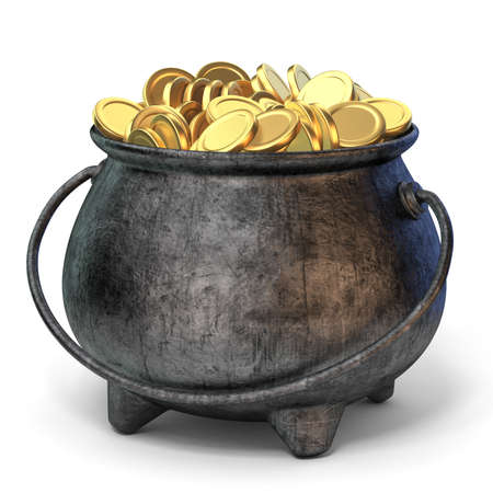 Iron pot full of golden coins 3D render illustration isolated on white backgroundの写真素材