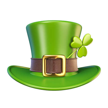 Green St. Patrick's Day hat with clover Front view 3D render illustration isolated on white backgroundの写真素材