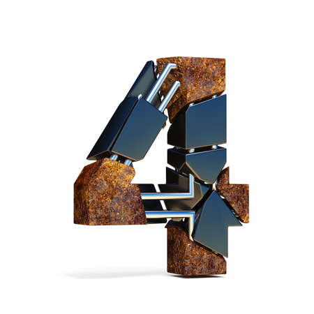 Black brown fracture font number 4 FOUR 3D rendering illustration isolated on white backgroundの写真素材