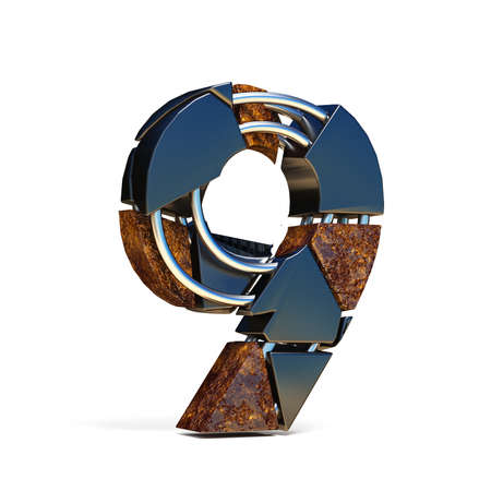 Black brown fracture font number 9 NINE 3D rendering illustration isolated on white backgroundの写真素材
