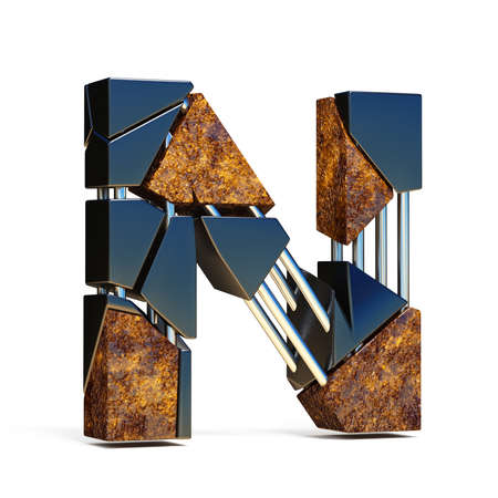Black brown fracture font LETTER N 3D rendering illustration isolated on white backgroundの写真素材