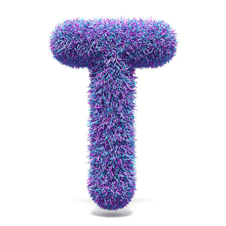 Purple faux fur LETTER T 3D render illustration isolated on white backgroundの写真素材