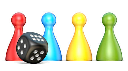 Plastic game figures and one black dice 3D rendering illustration isolated on white backgroundの写真素材