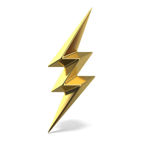 Golden lightning triple symbol two sides sharp 3D rendering illustration isolated on white backgroundの写真素材