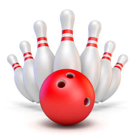 Red bowling ball and scattered pins 3D rendering illustration isolated on white backgroundの写真素材