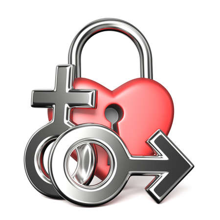 Heart shaped padlock, male and female sign 3D rendering illustration isolated on white backgroundの写真素材