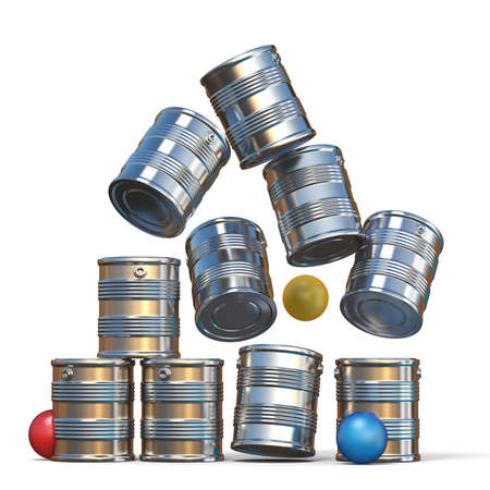 Falling tin cans and three balls 3D illustration isolated on white backgroundの写真素材