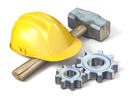 Yellow safety helmet, sledge hammer and metal gears 3D rendering illustration isolated on white backgroundの写真素材