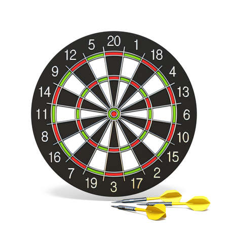 Yellow dart arrows in front of dartboard 3D rendering illustration isolated on white backgroundの写真素材
