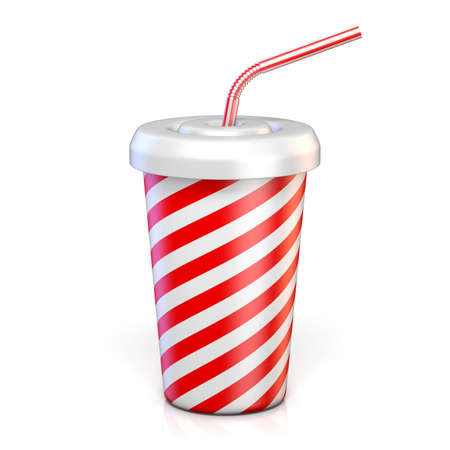 Red striped paper glass with drinking straw 3D rendering illustration isolated on white backgroundの写真素材