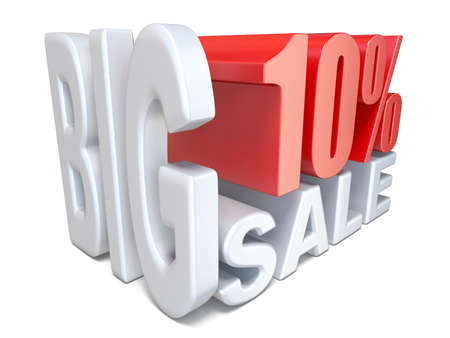 White red big sale sign PERCENT 10 3D render illustration isolated on white backgroundの写真素材