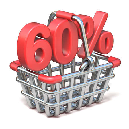 Metal shopping basket 60 PERCENT sign 3D render illustration isolated on white background