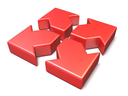 Red expanding arrows side view 3D render illustration isolated on white backgroundの写真素材