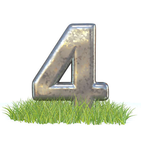 Galvanized metal font Number FOUR 4 in grass 3D render illustration isolated on white backgroundの写真素材