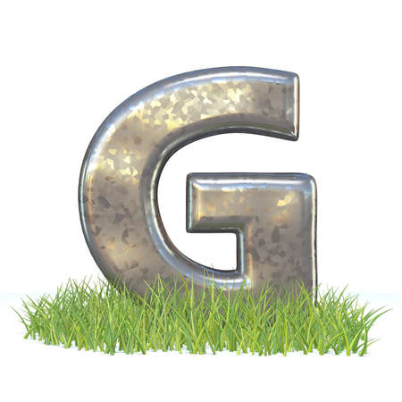 Galvanized metal font Letter G in grass 3D render illustration isolated on white backgroundの写真素材