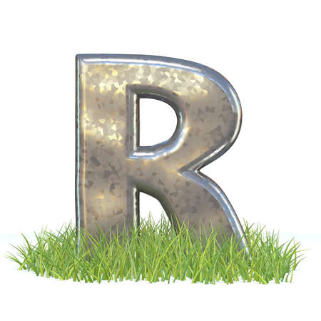 Galvanized metal font Letter R in grass 3D render illustration isolated on white backgroundの写真素材