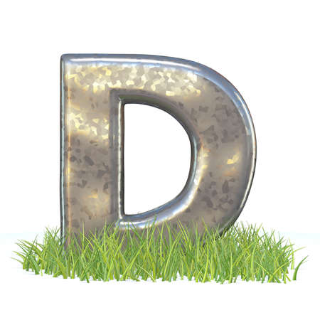 Galvanized metal font Letter D in grass 3D render illustration isolated on white backgroundの写真素材