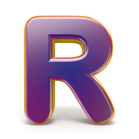 Letter R purple font yellow outlined 3D rendering illustration isolated on white backgroundの写真素材