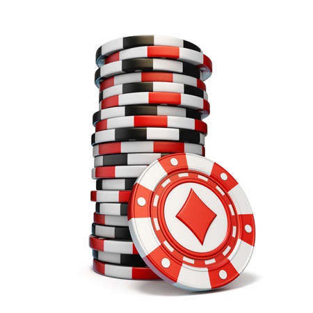 Stack of gambling chips and one Red diamond chip 3D render illustration isolated on white backgroundの写真素材