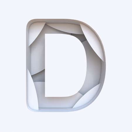 White abstract layers font Letter D 3D render illustration isolated on white backgroundの写真素材