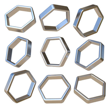 Metal dimensional hexagonal 3D rendering illustration isolated on white backgroundの写真素材