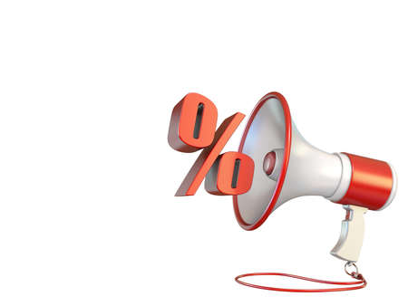 Percent sign and megaphone 3D rendering illustration isolated on white backgroundの写真素材