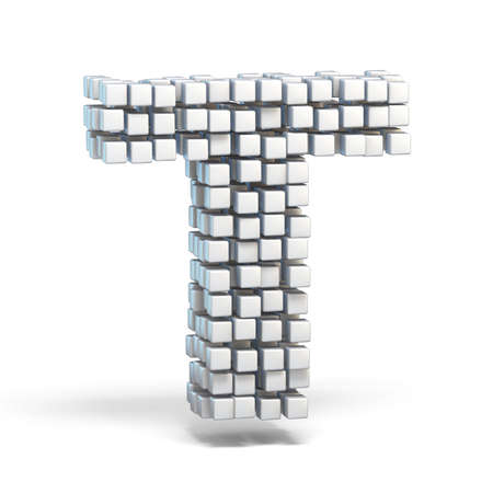 White voxel cubes font Letter T 3D render illustration isolated on white backgroundの写真素材