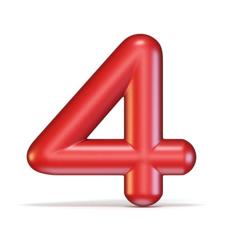 Red glossy font Number 4 FOUR 3D rendering illustration isolated on white backgroundの写真素材