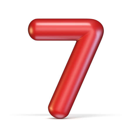 Red glossy font Number 7 SEVEN 3D rendering illustration isolated on white backgroundの写真素材
