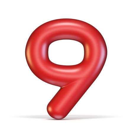 Red glossy font Number 9 NINE 3D rendering illustration isolated on white backgroundの写真素材