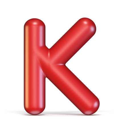 Red glossy font Letter K 3D rendering illustration isolated on white backgroundの写真素材