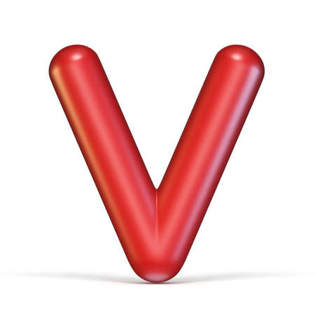 Red glossy font Letter V 3D rendering illustration isolated on white backgroundの写真素材
