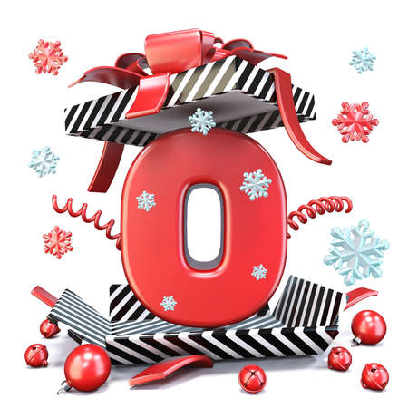 Red number ZERO 0 inside open gift box 3D rendering illustration isolated on white backgroundの写真素材