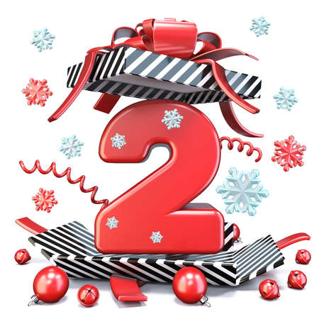 Red number TWO 2 inside open gift box 3D rendering illustration isolated on white backgroundの写真素材