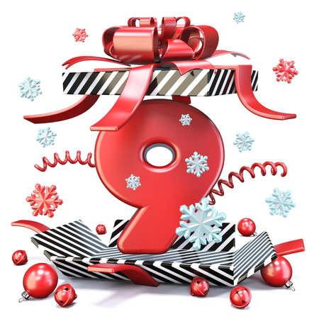 Red number NINE 9 inside open gift box 3D rendering illustration isolated on white backgroundの写真素材