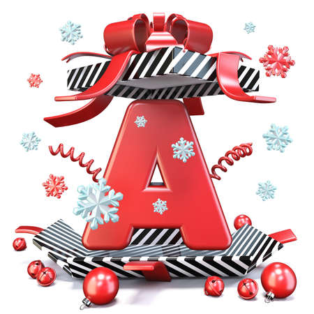 Red Letter A inside open gift box 3D rendering illustration isolated on white backgroundの写真素材