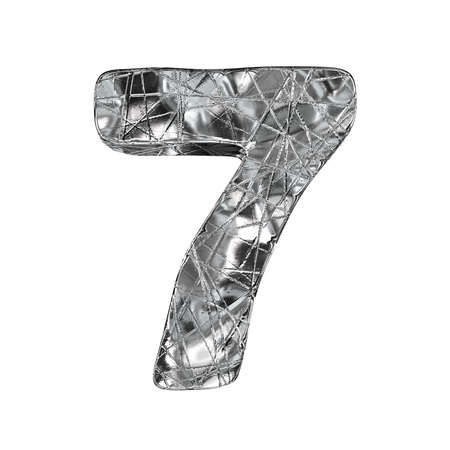 Grunge aluminium foil font number 7 SEVEN 3D render illustration isolated on white backgroundの写真素材
