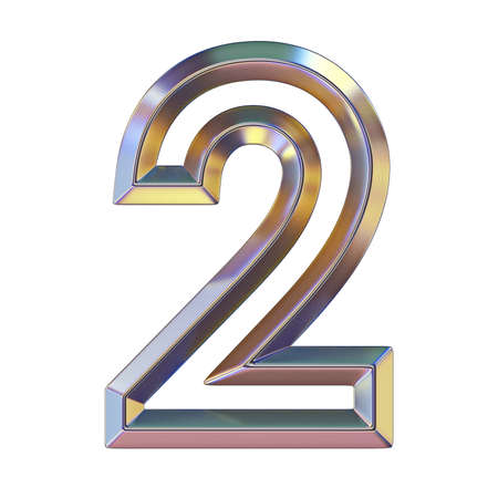 Chrome font with colorful reflections Number 2 TWO 3D render illustration isolated on white...