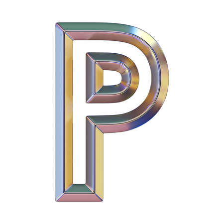 Chrome font with colorful reflections Letter P 3D render illustration isolated on white backgroundの写真素材