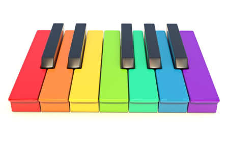 Multi colored piano keys One octave front view 3D render illustration isolated on white backgroundの写真素材