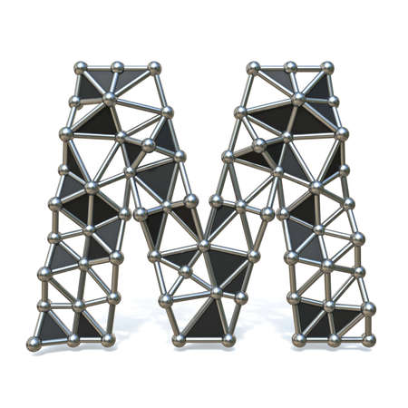 Wire low poly black metal Font Letter M 3D render illustration isolated on white backgroundの写真素材