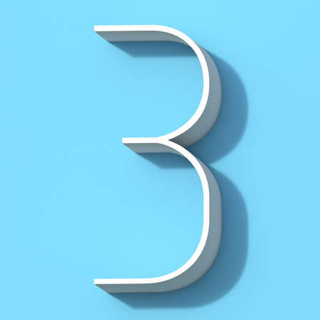 Line font with shadow Number 3 THREE 3D rendering illustration on blue background