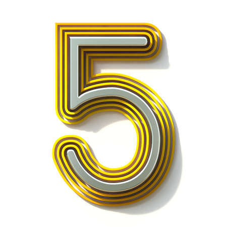 Yellow outlined font Number 5 FIVE 3D render illustration isolated on white backgroundの写真素材
