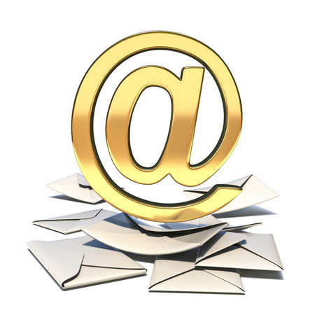 Envelopes with golden e-mail sign 3D render illustration isolated on white backgroundの写真素材