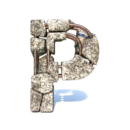 Concrete fracture font Letter P 3D render illustration isolated on white backgroundの写真素材