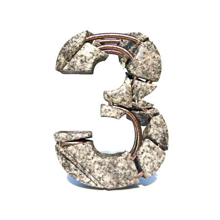 Concrete fracture font Number 3 THREE 3D render illustration isolated on white background