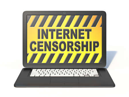 Black laptop with INTERNET CENSORSHIP sign on screen 3D rendering isolated on white backgroundの写真素材